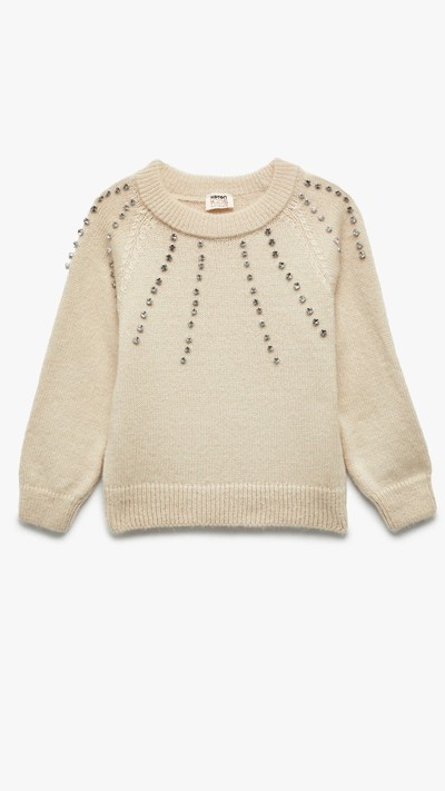 Kız Çocuk Taş Detaylı Bisiklet Yaka Triko Kazak