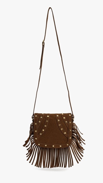 Süet Püsküllü Çapraz Çanta Zımba Detaylı