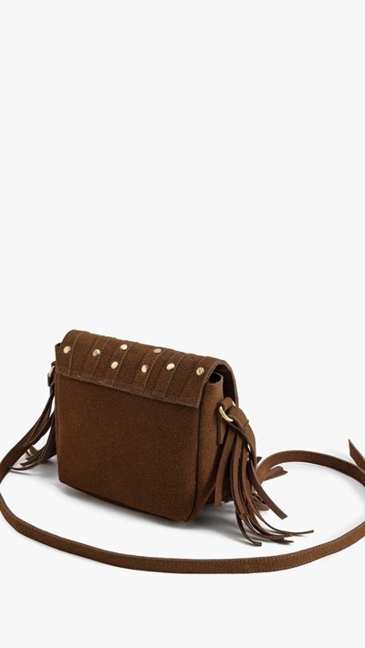 Süet Püsküllü Çapraz Çanta Zımba Detaylı