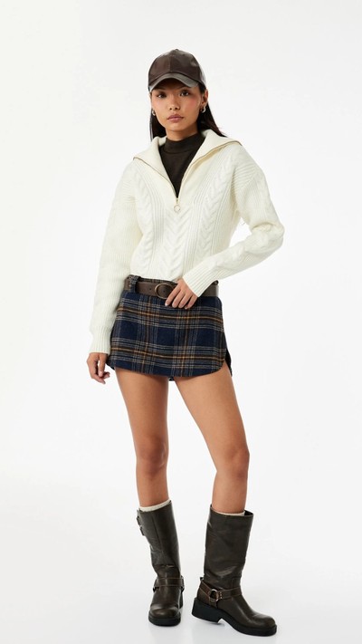 Saç Örgü Fermuarlı Yaka Triko Kazak