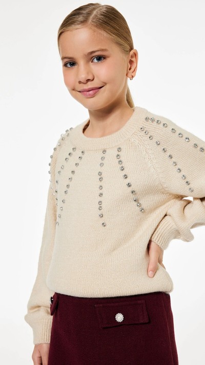 Kız Çocuk Taş Detaylı Bisiklet Yaka Triko Kazak