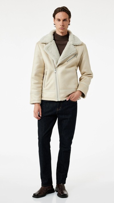Slim Fit Peluş Yaka Kışlık Suni Deri Ceket