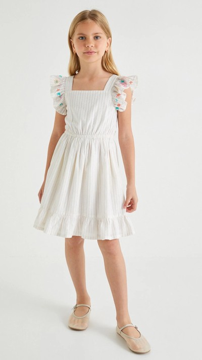 Kız Çocuk Elbise Fırfır Detaylı Kolları İşlemeli Pamuklu