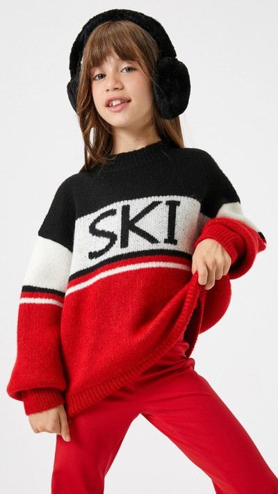 Kız Çocuk Kazak Yuvarlak Yaka Renk Bloklu Yazı Detaylı