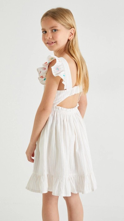 Kız Çocuk Elbise Fırfır Detaylı Kolları İşlemeli Pamuklu