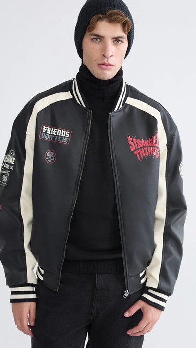  Loose Fit Stranger Things Printed Men's Faux Leather Jacket
