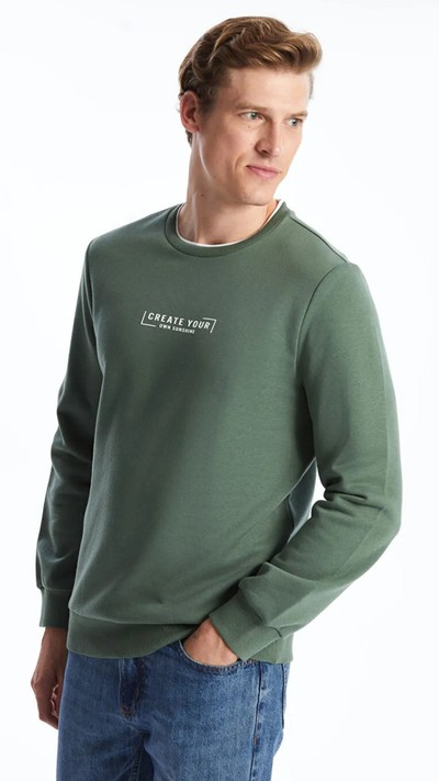 Crew Neck Printed Men's Thick Sweatshirt