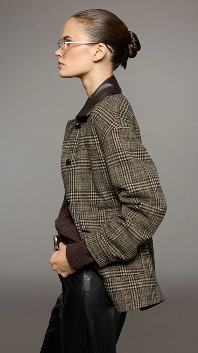 Collared Neck Plaid Oversize Women's Cachet Jacket