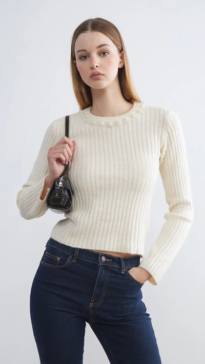 Crew Neck Beaded Embellished Women's Knitwear Sweater