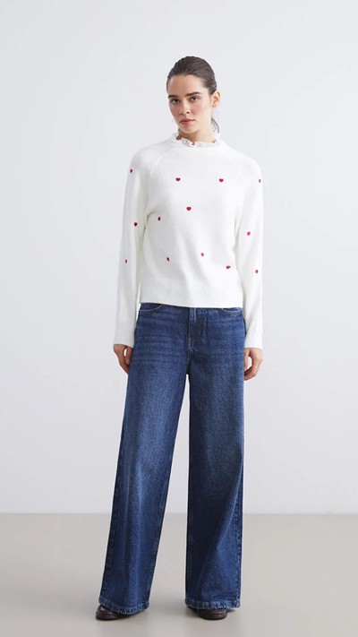 Turtleneck Heart Embroidered Women's Knit Sweater